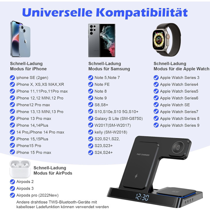 База зарядки 4-в-1 для iPhone та Apple Watch: бездротова зарядка 15W, складна, індуктивна, сумісна з iPhone 16/15/14/13/12/11 Pro SE X XS XR та Apple Watch 9/8/7/6/SE/5/4/3/2, AirPods Pro