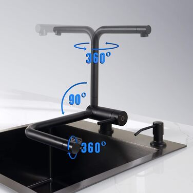 Кухонний змішувач CECIPA Vorfenster чорного матового кольору, високого тиску, з нержавіючої сталі, з гнучким виливом, поворотний на 360°