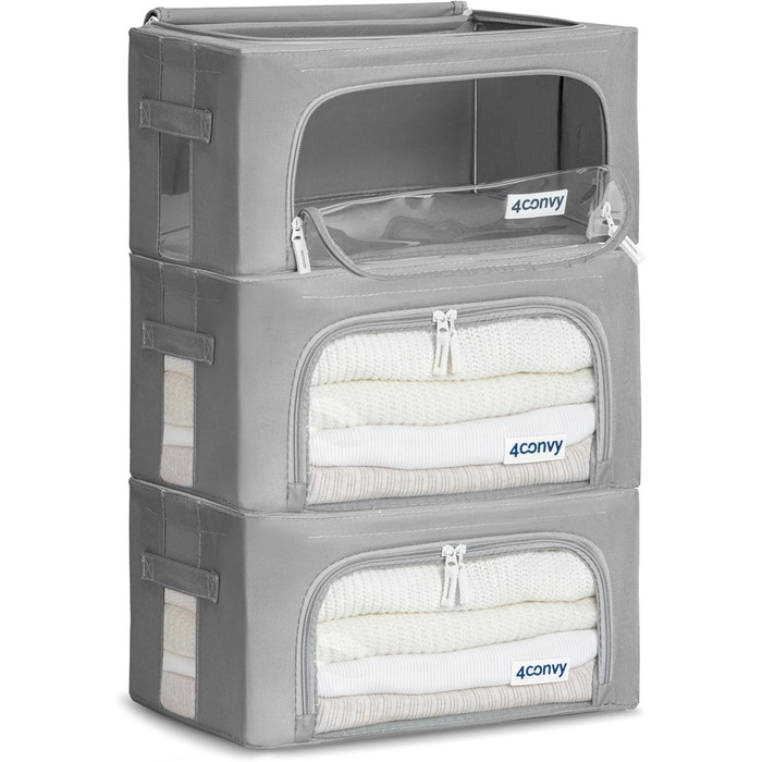 Органайзер для одягу 4CONVY: коробка для зберігання з блискавкою та металевим каркасом (3x24L, темно-сірий) - покращений матеріал 2024