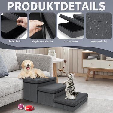 Сходинка для тварин Haustiertreppe: компактна складна сходинка для собак та котів, 3 сходинки, сіра, вантажопідйомність 30 кг