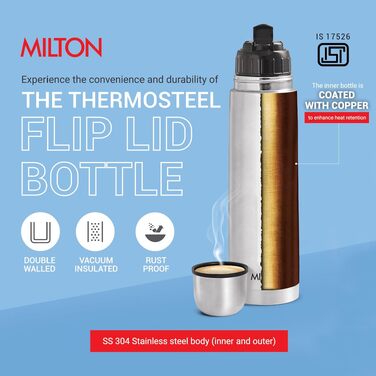 Термос Milton Thermosteel Flip Lid 1000 мл, вакуумна stainless steel пляшка для напоїв (гаряче/холодне до 24 год), герметична, срібляста