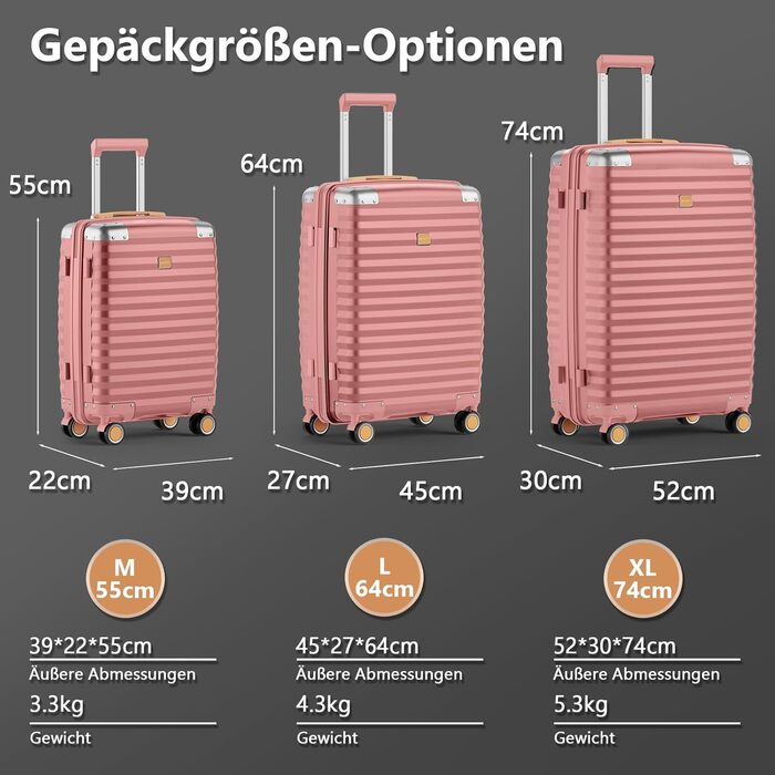 Набір валіз Joyway 3 шт. з жорстким корпусом, легкий PP, рожевий колір, з TSA замком та 4 колесами (20'+24'+28')