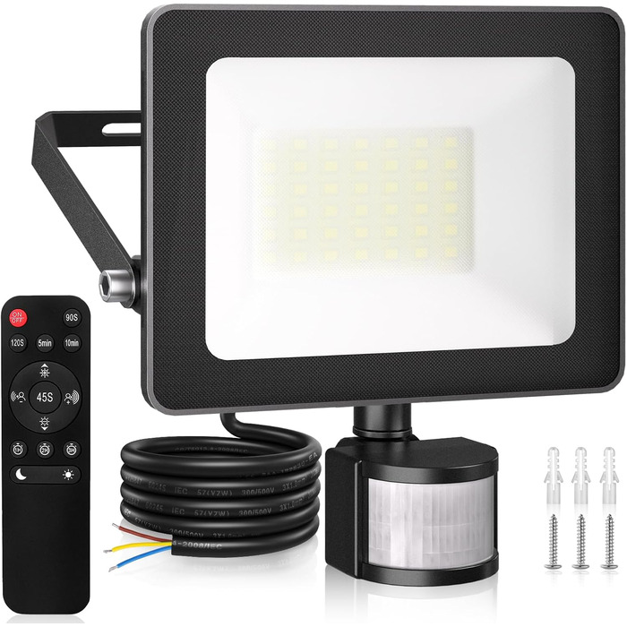 MEIKEE 60W LED Flood Light with Motion Sensor, 5900LM, 6500K Cool White, 3 Modes, 10 Brightness Levels, LED Spotlight with Sensor, IP66 Waterproof, Spotlight for Garden, Garage, Sports Field (35.0 Watt)