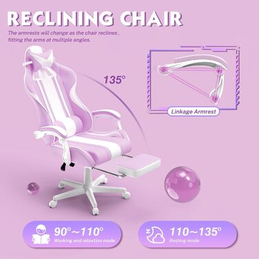 Ergonomic Gaming Chair with Footrest - Racing Style PC Gaming Chair with Headrest, Lumbar Support & Bunny Ears (Violet)