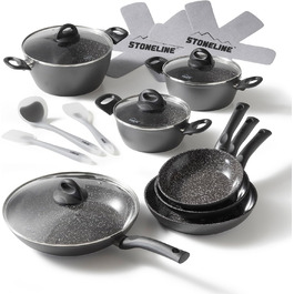 STONELINE Ceramic Cookware Set, 16-Piece, 18/20/24/28 cm Pots and Pans, PFAS-Free, Cookware Set with Lids, Ceramic Coating with Real Stone Particles, Grey, 16-Piece