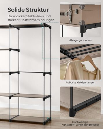 SONGMICS Шафа для одягу, вішалка для одягу, окрема гардеробна, з вішалкою для одягу, вішалка для одягу, полиці з тканини, металевий каркас, 182 x 43 x 182 см, RYG037B02 (Taupe)