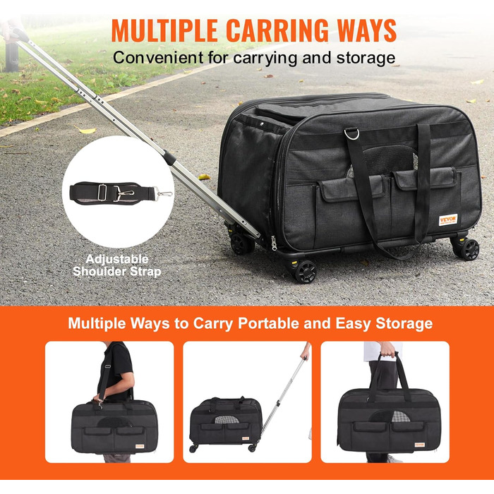 Тролей для собак VEVOR, 15.8 кг, чорний: зручний рюкзак-переноска для тварин з 4 колесами та кишенями для аксесуарів. Ідеально для подорожей та прогулянок.