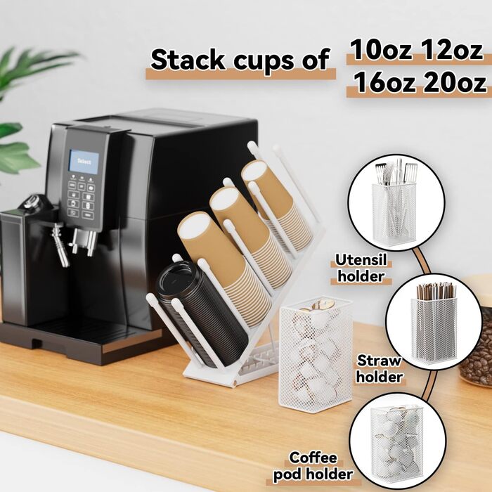 Ovicar Cup and Lid Holder – Adjustable Coffee Cup Holder, Organizer, 4 Compartments, Disposable Cup Dispenser with Coffee Capsule, Straw, Storage Basket for Coffee Station, Bar, Countertop, (White)