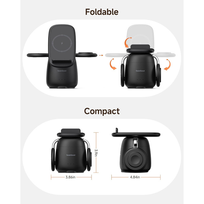 Бездротова зарядка SwanScout 3-в-1 для Samsung S25 Ultra, S24, S23, Z Flip 7, Z Fold 7, Galaxy Watch 8/Ultra/7/6/5/Buds, білий (чорний)