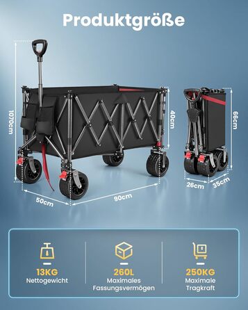 Універсальний складаний візок YEAUPE PRO 260L (250 кг) для пляжу, саду, покупок: міцний, чорний