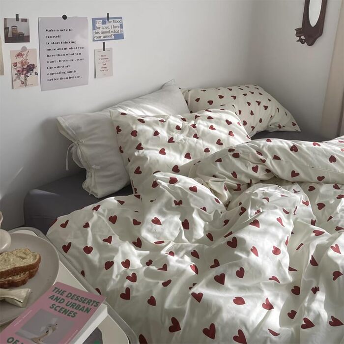 Ashanlan Bedding Set 220x240 Cotton Hearts Red White Duvet Cover Aesthetic Heart Pattern Bedding Set and 2 Pillowcases 80x80 cm Double Bed with Zipper Red Hearts 220x240cm+2x80x80cm