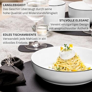 Набір посуду SÄNGER Tafelservice, 24 елементи (6 осіб), з порцеляни (Müslischalen, Dessert-, Speisetellern, Pastaschalen), сучасна форма PREMIUM COLLECTION (Marlo Black Rim)