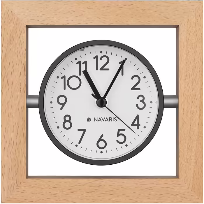 Navaris Analog Wooden Table Clock Square Design - 13.2 x 13.2 x 4.3cm - Analog Clock Without Ticking White Dial - Vintage Pointer Wooden Clock Light Brown