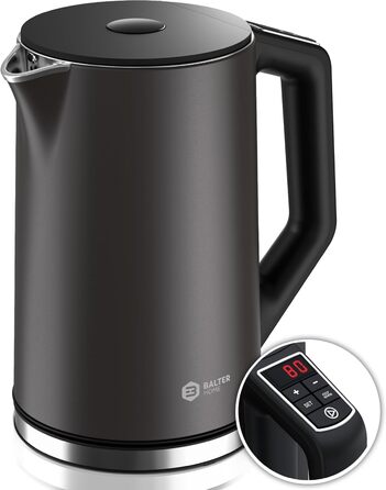 Balter Stainless Steel Electric Kettle with Temperature Control - 40°C to 100°C, Double Wall, BPA Free, 1.7L, 2200W, Quiet Kettle - Dark Grey