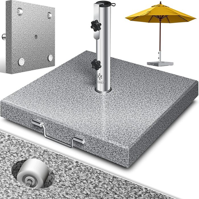 KESSER® Granit Parasol Stand with Stainless Steel Tube, High-Quality Umbrella Stand Square Base 30KG - for Umbrella Poles up to 16-48 mm, Incl. Carrying Handle Garden Balcony Parasol Stand, Grey