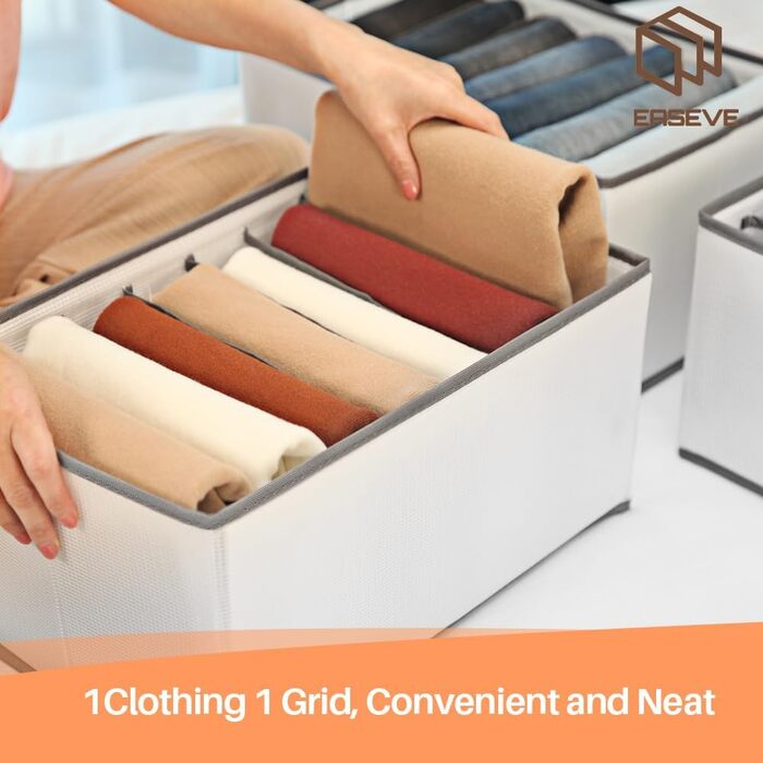 6-Piece Closet Organizer Clothes Storage - 7 Compartments Foldable Drawer Organization System Clothing Storage Boxes for Pants, Jeans, Shirts, Sweaters, Tops