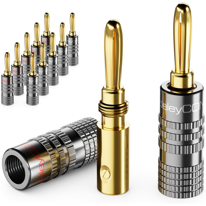 Набір бананових конекторів DeleyCON 8 шт. з позолотою, для акустичних/динамічних кабелів, 0.75-4.5 мм, Hi-Fi аудіо, домашній кінотеатр, сірий