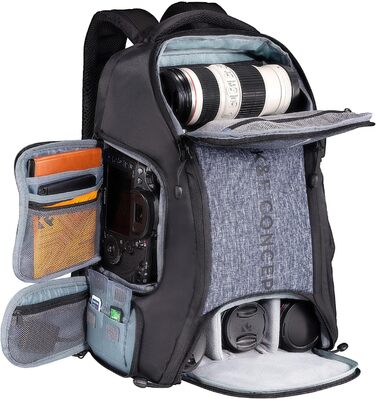 Рюкзак для фотокамери K&F Concept 25L, водонепроникний, з захистом від дощу, для DSLR/SLR, зі штативом, відділення для 16-дюймового ноутбука (сірий)