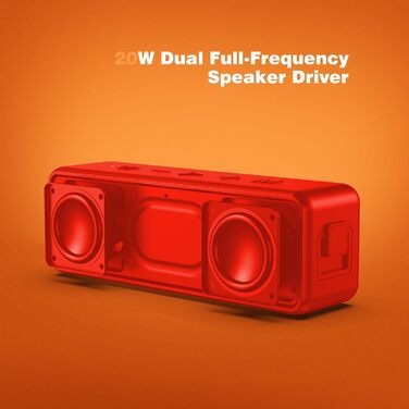 Raymate Bluetooth Портативна Колонка з Подвійним Басом 20W, IPX7 Водонепроникна, TWS, 15 годин, для дому та на вулицю (червона)