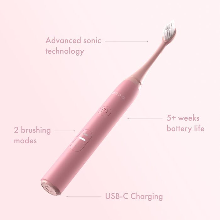 Електрична зубна щітка Ordo Sonic Lite: 35 000 імпульсів/хв, 2 режими, USB-C, водонепроникна, акумулятор до 5 тижнів, таймер, для дорослих (квітково-рожевий)