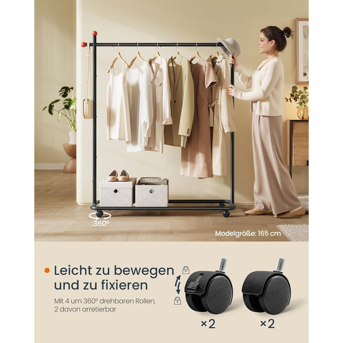 SONGMICS HOME Clothes Rack with Wheels, Coat Rack, 2 Clothes Rails, Shelf, Side Organizer, Matchstick-Shaped Hooks, Stable, Bedroom, Hallway, HSR171B01 (39W x 154.6H cm, Ink Black)