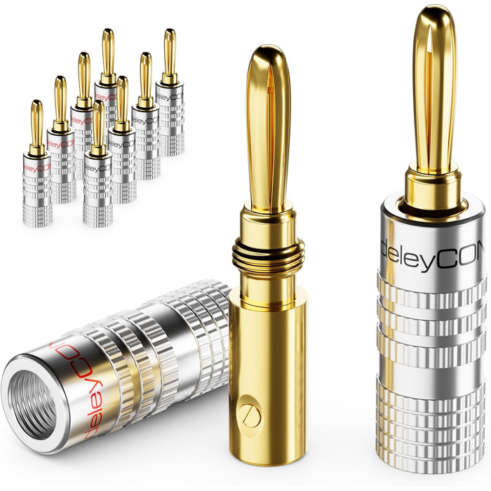 Набір бананових конекторів deleyCON 24 шт. позолочені, гвинтові, для акустичних кабелів 0.75-4.5 мм, Hi-Fi ресивери, срібні