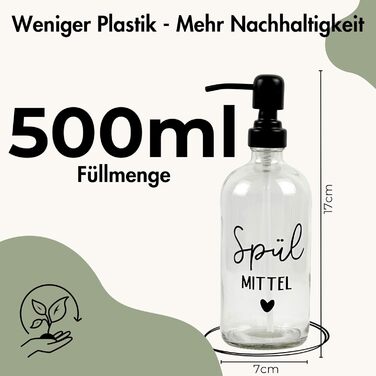 Glass Soap Dispenser 500ml - Dish Soap Dispenser for Kitchen, Soap Dispenser for Bathroom, Black Pump Dispenser (Clear Glass Hand Soap with Metal Dispenser)
