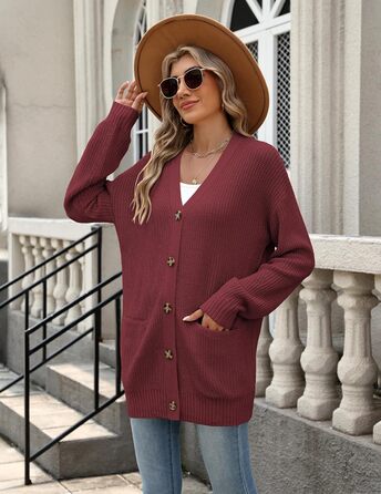 Жіноча в'язана жилетка Zeagoo з довгим рукавом, кардиган з ґудзиками, вільний V-подібний виріз, груба в'язка, повсякденна куртка для осені та зими (Бордовий, L)