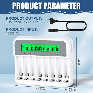 Зарядний пристрій для акумуляторів AXFEE з LCD-дисплеєм, універсальний, 2000mAh, 8-місцевий, швидка зарядка NI-MH/NI-CD AA AAA