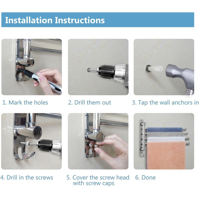 Підставка для рушників настінна поворотна 180° з нержавіючої сталі, 4-х віяльна, для ванної, кухні та гардеробу, срібляста