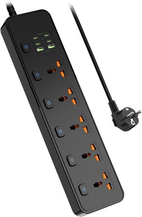 Мережевий фільтр Steckdose Universal з індивідуальними вимикачами, 5 розеток, 3250W, кабель 1.8м, 4 x USB-C 20W та 2 x USB-A, мережева стрічка