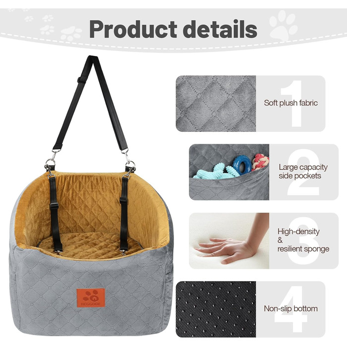 Автокрісло для собак HEGGOOE, сіро-коричневе, з пам'яті піною, для маленьких та середніх порід, з кишенями та страхувальними ременями