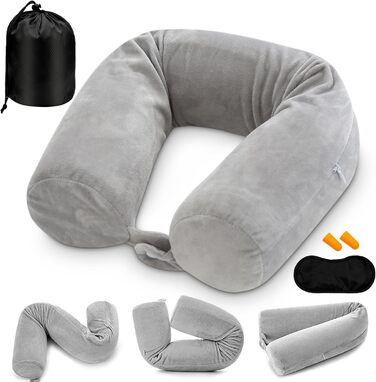 Подушка для шиї у вигляді U, Memory Foam, з чохлом, навушниками, маскою для сну, сіра. Для подорожей, авто, офісу