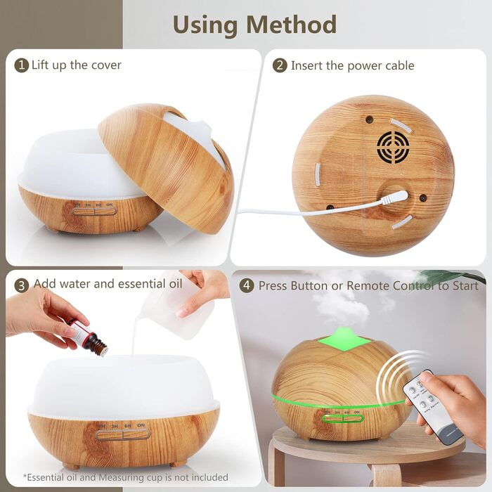 Ароматичний дифузор 500 мл з таймером, LED-підсвічуванням та дистанційним керуванням для дому, йоги та СПА