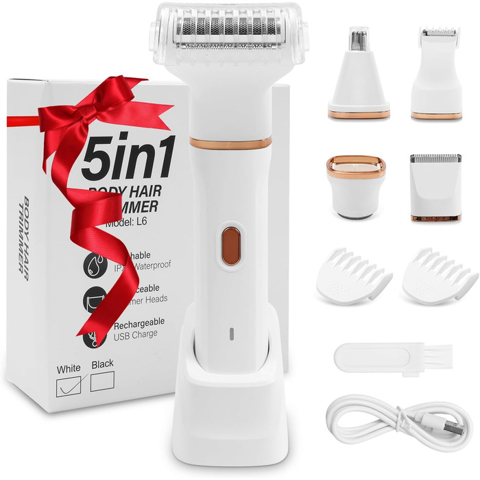 Електричний жіночий бритва 5-в-1 для тіла, бікіні та носа, водонепроникний (IPX7), для сухого та вологого гоління, з тримером, USB-зарядка