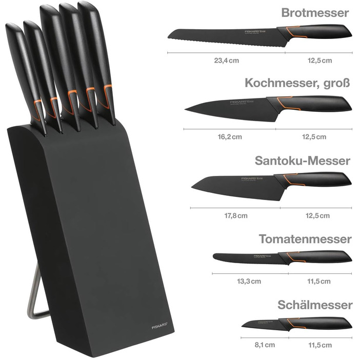 Набір ножів Fiskars Edge 5 предметів, дерев'яний блок (береза) 37 см, чорний