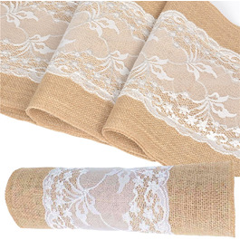 Jute Table Runner with Lace White 30CMx10M Jute Ribbon Rustic Burlap Lace Wedding for Festival Event Table Decoration Christmas Decoration Birthday (Jute and Lace)