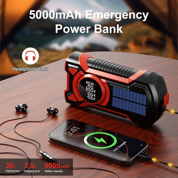 Радіо на сонячній батареї та ручному приводі Gemmac 5000mAh з Bluetooth, USB AM/FM, Power Bank, SOS-сигналом та ліхтариком - для кемпінгу та виживання (Червоне)