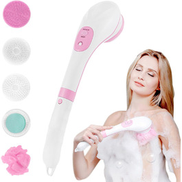 Electric Body & Face Cleansing Brush with 5 Brush Heads - USB Rechargeable Waterproof Exfoliating Body Brush with Long Handle for Deep Cleaning & Relaxation