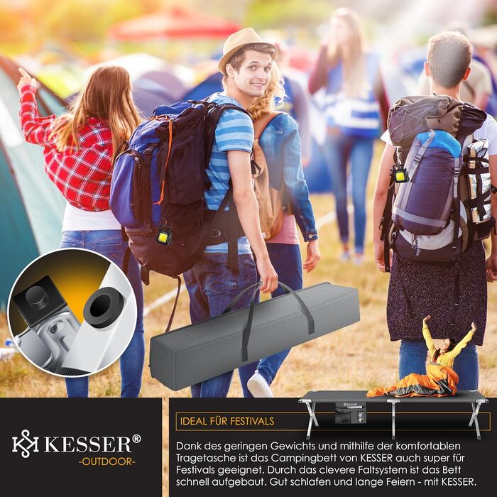 Кемпінгове ліжко KESSER® розкладне з сумкою, ліхтарем та бічною кишенею. Стабільне металеве ліжко для відпочинку та подорожей, 150 кг, 190/210 см. Оксфорд 600D.