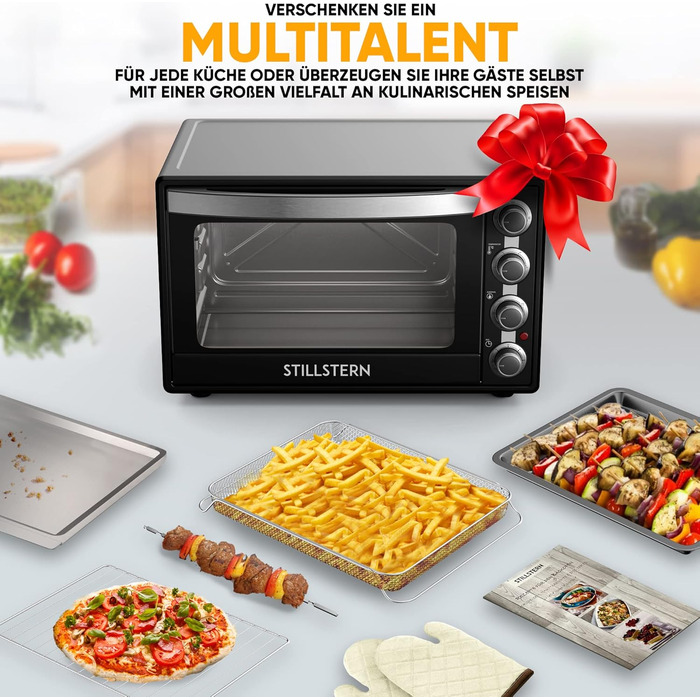 Міні-піч Stillstern 60L з конвекцією, Pizza Ø40, CYCLONE PRO+ з антипригарним покриттям, розморожування, таймер 2год, для кемпінгу, гриль з насадкою