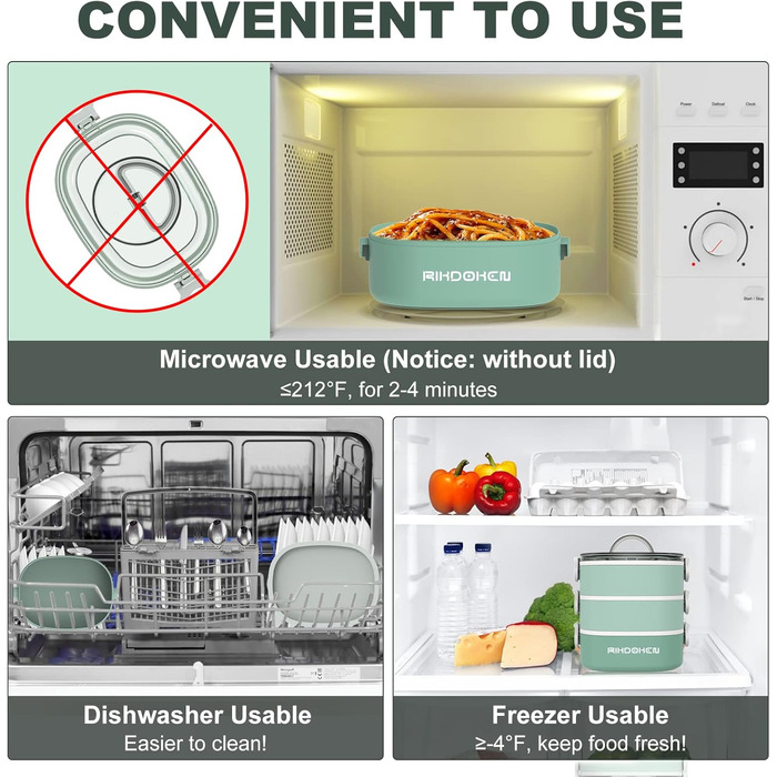 RIKDOKEN Ланчбокс 3-ярусний, 2.7л, з ложкою та виделкою, для дітей та дорослих, зелений