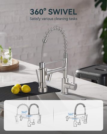 Сучасна кухонна змішувач Warmiehomy з LED-підсвічуванням, поворотний на 360°, з двома виливами, високий вигин, спіральна пружина, для мийки, з нержавіючої сталі, брашований нікель