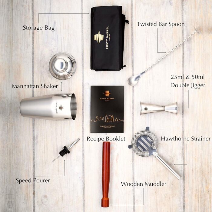 Rusty Barrel Mayfair Cocktail Set – Cocktail Shaker Set with Stainless Steel Cocktail Shaker and Cocktail Accessories | Cocktail Mix Set in a Luxurious Gift Box