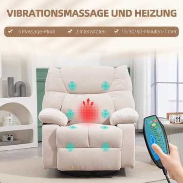 HOMCOM Recliner with Massage Function, Electric TV Chair with Heating Function, Reclining Function, Swivel Massage Chair with Spring System | Aosom