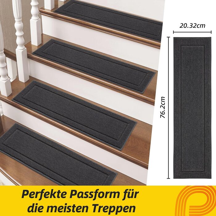 Килимок для сходів JSEI, 15 шт., 20.3 x 76.2 см, антиковзкий, для дітей та домашніх тварин, 100% поліестер, TPE-підкладка, темно-сірий