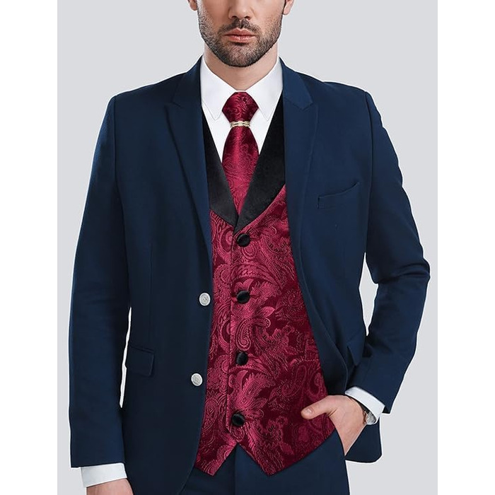 Костюмний жилет DiBanGu (5 шт.): жилет, краватка, нагрудна хустинка, запонки, кільце для краватки. Зелений/Чорний (L, Бордовий)