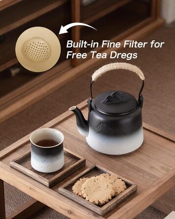 ZENS Design Japanese Teapot, 1000ml Gradient Embossed Japanese Teapot Ceramic with Built-in Strainer and Hemp Rope Handle for Loose Tea Steeper, Gift for Tea Lovers, Black & Bean Green (Black & White, 1000ml Teapot)