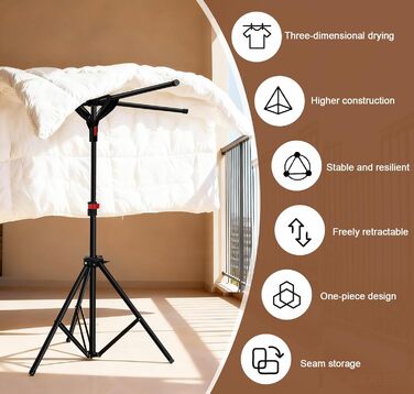 Сушарка для білизни Standtrockner з 4 крилами, 10 гачків та кліпсою для шкарпеток. Складана, регульована по висоті, для дому, балкону, кемпінгу (чорний)