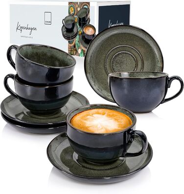 SÄNGER | Copenhagen Coffee Cup Set, 8-Piece, Coffee Service for 4 People, Dishwasher-Safe Coffee Cup and Saucer Set, Stoneware Cup & Saucer Grey with Green Interior 200 ml | PREMIUM COLLECTION Coffee Cups, 4-Piece